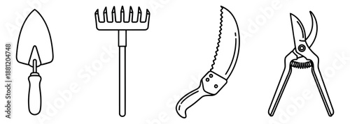 Line art gardening tools set featuring a trowel, rake, pruning saw, and pruning shears for gardening