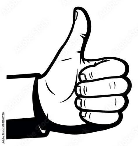 Line art illustration of a hand depicting a thumbs up gesture for positive feedback