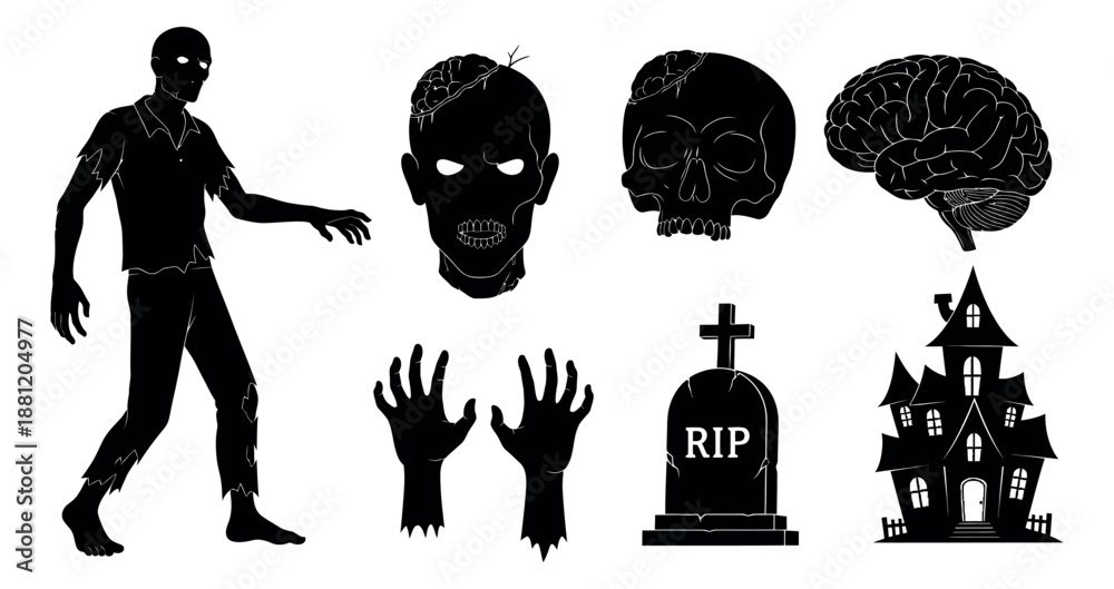 Fototapeta premium Halloween graphic horror elements set featuring zombies, skulls, brains, a gravestone, and a haunted house for designs
