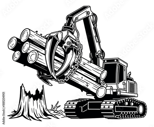 Hand drawn line art illustration of a logging excavator depicting logs and a tree stump for the forestry industry