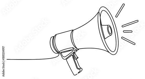 Hand drawn continuous line art illustration of a megaphone depicting an announcement for marketing and communication
