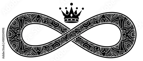 Decorative line art illustration of an infinity symbol and crown depicting eternity and power for logos and emblems