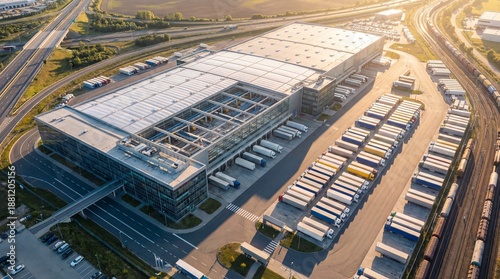 Aerial drone view of a large logistics warehouse and distribution center with many trucks parked outside under a bright sun
