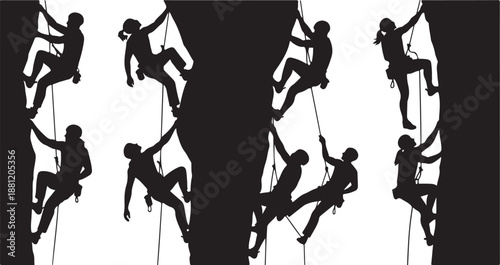 Silhouettes of rock climbers ascending a cliff face together