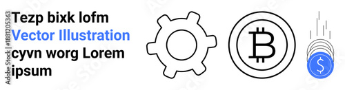 Cryptocurrency, digital payments, blockchain technology, financial transactions, fintech, investment. Gear icon, Bitcoin logo and falling coins finance. Cryptocurrency and digital payments concept