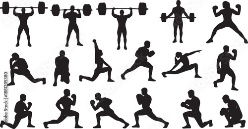 Silhouettes of people exercising with weights and running fast