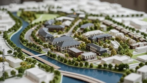 Detailed architectural model showcasing urban planning with buildings, green spaces, and waterways.