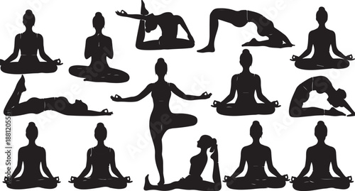 Various Yoga Poses Silhouettes for Fitness and Wellness Concept