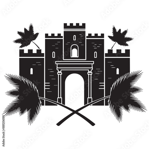 Castle with palm trees isolated on white background, Vector, illustration