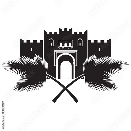 Castle with palm trees isolated on white background, Vector, illustration