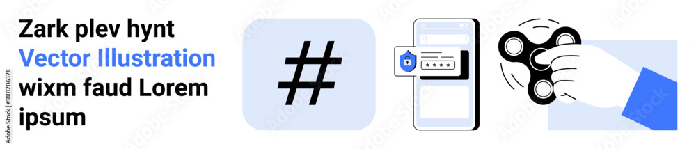 Obraz premium Text block, metadata tag icon, secured mobile access with password lock, and a hand spinning a fidget spinner. Ideal for tech, security, social media, creativity, focus technology interaction