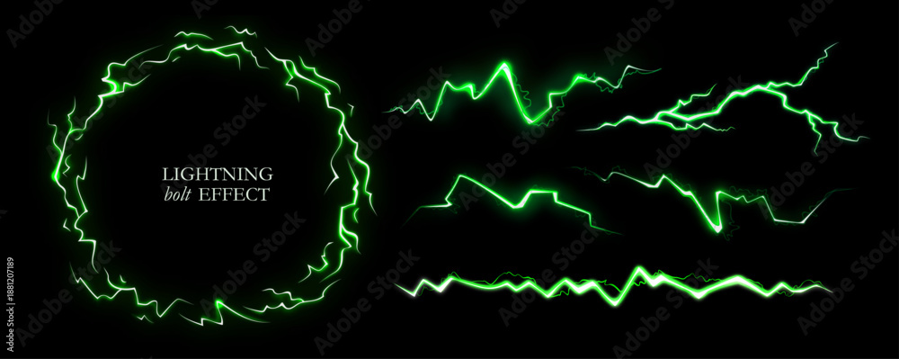 Obraz premium Thunder Light Energy Effect. Vector Green Thunderbolt Set. Electric Flash Neon Lightning. Green Lightning Bolt Strikes Through Dark Background.