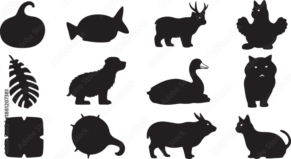 Fototapeta premium Black silhouettes of various animals and leaves on white