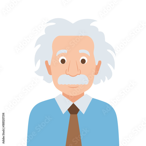 Illustration of a stylized scientist with white hair and mustache