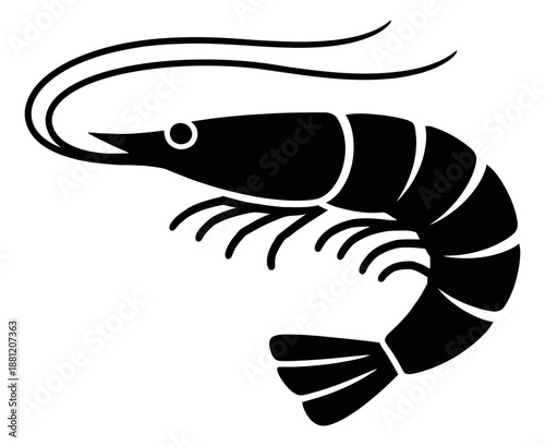 Silhouette style illustration of a shrimp depicting a curved shape for seafood concepts