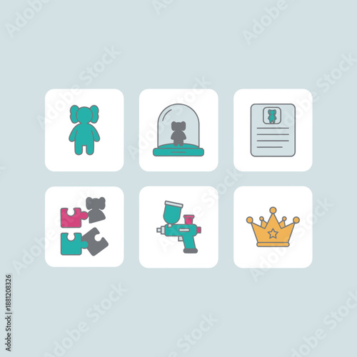 Designer Figure Customization and Toy Art Icon Set Including Primed Figures, Glass Domes, Profiles, Puzzle Pieces, Airbrushes, and Golden Crowns for Creative Artists and Hobbyists