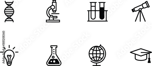An outline icon set showcasing various instruments for science, education, and academic learning on a white field