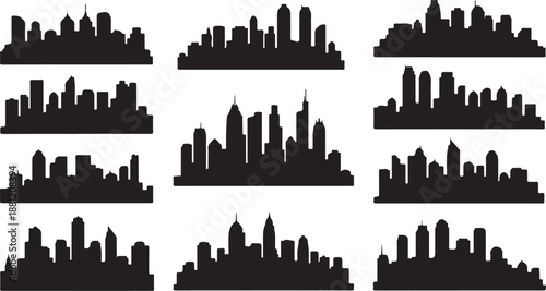 Collection of various city skyline silhouettes in black color