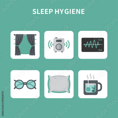 Sleep Hygiene and Healthy Rest Icon Set Featuring Blackout Curtains, White Noise Machines, Sleep Tracking Graphs, Eye Glasses, Pillows, and Herbal Tea for Wellness and Insomnia Relief