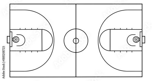 Line art illustration of a basketball court depicting an aerial view for sports planning