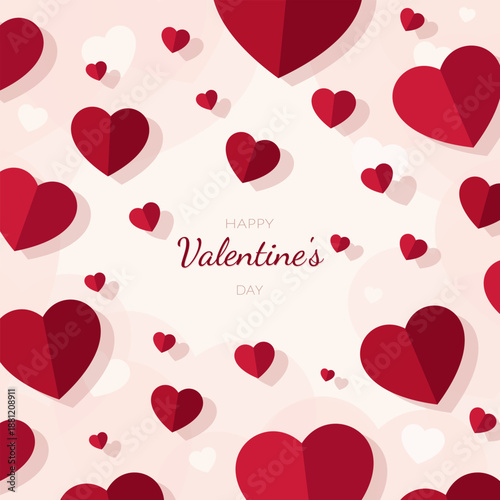 Romantic Valentine’s Day background with floating red paper hearts on a soft pastel backdrop. Vector illustration for holiday greetings, cards, invitations and social media.