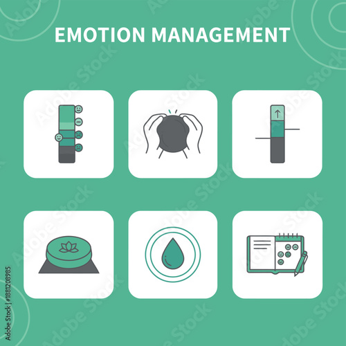 Emotion management and mental health counseling icons set featuring mood tracker stress relief mindfulness meditation journal and emotional regulation tools for psychology and wellness therapy