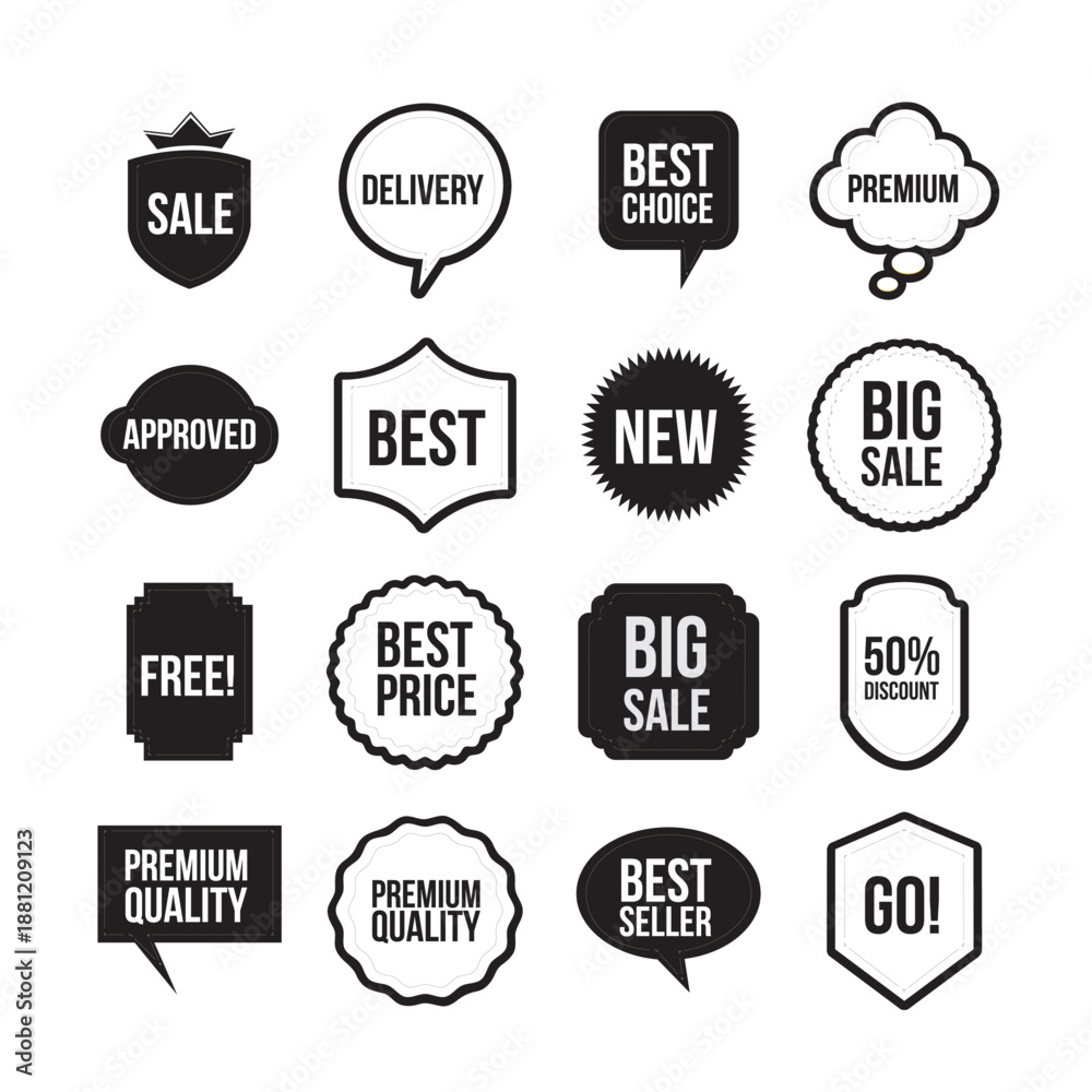 Obraz premium Set of black and white sale, discount, and promotion badge icons. Includes labels like sale, best choice, premium quality, big sale, discount, and marketing stickers.