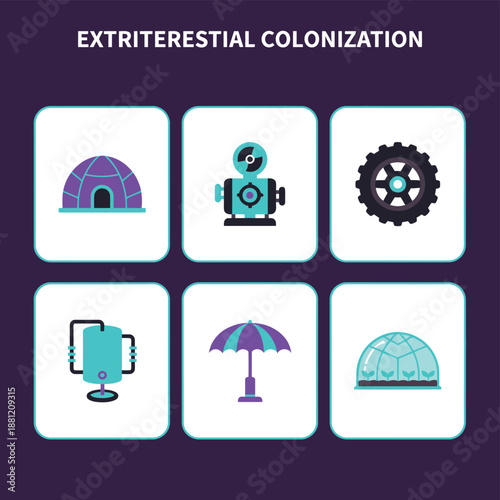 Extraterrestrial colonization and space habitat icons featuring dome shelter robot machinery industrial gear storage tank umbrella and greenhouse for future planet exploration and science fiction