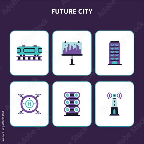 Smart city future technology and urban planning icons featuring futuristic train digital billboard vertical green building drone landing zone server data storage and communication tower