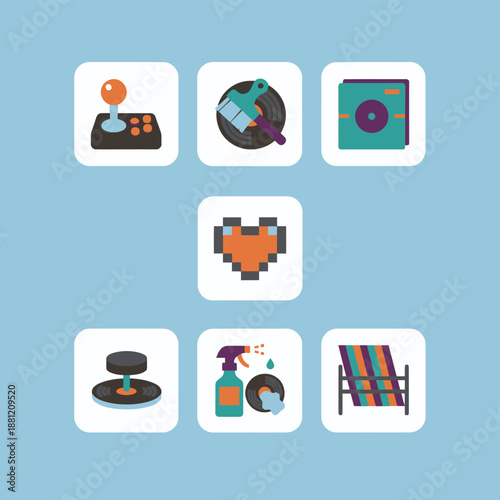 Retro gaming and vintage music culture icons featuring joystick controller vinyl records cleaning brush storage rack and pixel heart for 80s and 90s nostalgia entertainment design