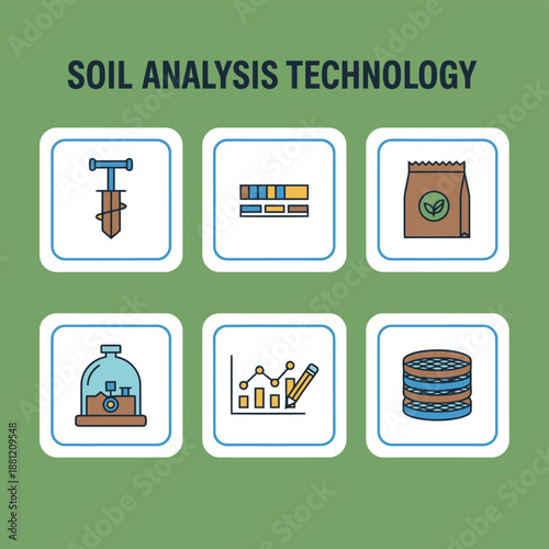 Soil analysis technology and agricultural science icons featuring soil sampler test indicators fertilizer bag lab equipment data graph and sieve for modern farming research