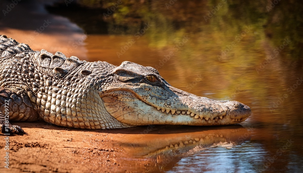 Fototapeta premium Australian Freshwater Crocodile Resting On A Riverbank In The Outback