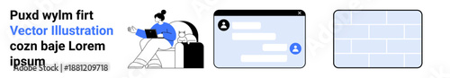 Digital communication, virtual workspace, messaging systems, productivity tools, modern technology, remote collaboration. Woman on laptop, chat interface and abstract blocks. Digital communication