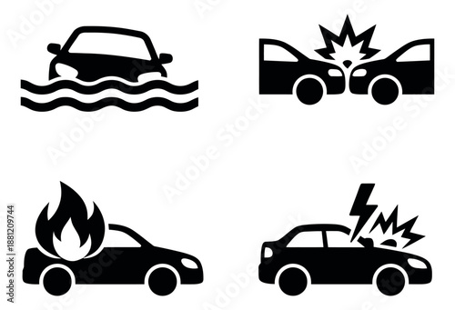 Simple car damage icons set featuring car crash, fire, flood, and lightning for automotive insurance concepts