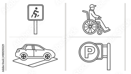 Icons of Pedestrian Crossing Disability Access Parking Spot and Parking Sign.