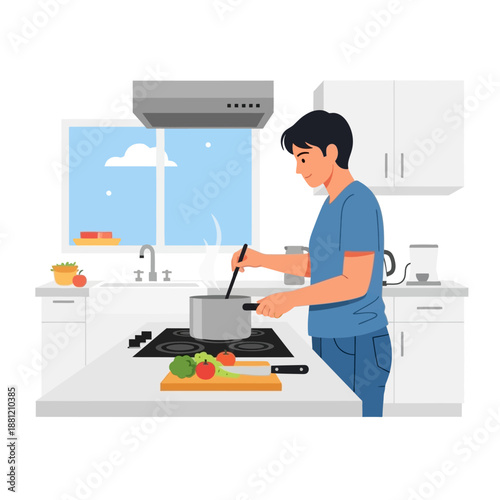 Man cooking in a modern kitchen, preparing a healthy meal with fresh vegetables.
