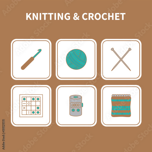 Knitting and Crochet Icon Set for Hobby and Handmade Crafts Featuring Crochet Hook Yarn Ball Knitting Needles Row Counter Pattern and Knitted Fabric for DIY Creative Projects and Tutorials