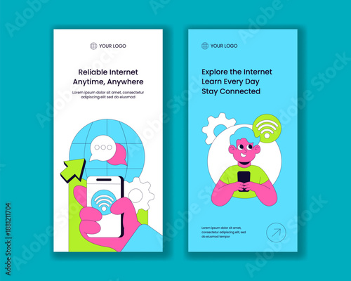 Vertical Banner Design with Hand Drawn Flat Cartoon Internet Service Provider Illustration
