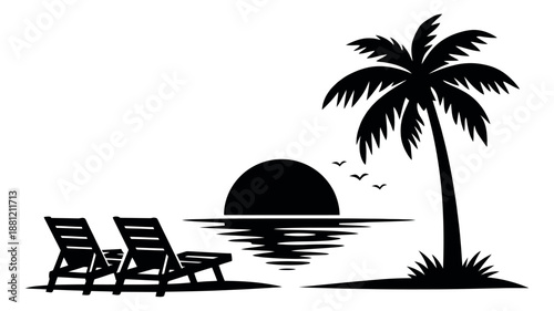 Silhouette illustration of a beach sunset with palm tree and chairs depicting a peaceful evening for travel