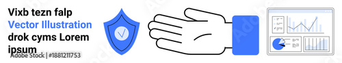 Open hand beside shield and analytics dashboard, emphasizing protection and performance. Ideal for security, trust, business management, data analysis, technology, corporate strategy, simple landing