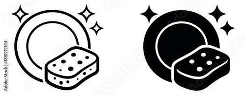 Line art and glyph style dishwashing icons set featuring a clean plate and a sponge for household cleaning and hygiene