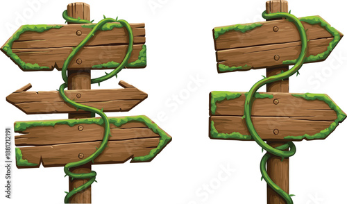 Wooden direction signboards with vines illustration set, rustic forest arrows, mossy wood signs for fantasy game design ui assets elements