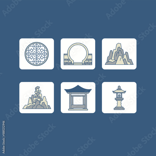 Suzhou classical gardens architectural elements set with decorative window moon gate rockery stone mountains traditional pavilion and garden lantern icons on dark blue background