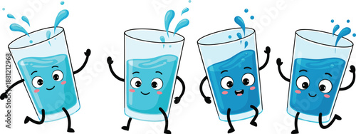 Cute cartoon water glass characters dancing together, blue liquid mascot illustration, hydration concept, healthy drinking, fun kids education design