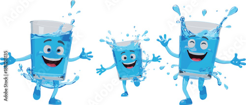 Happy cartoon water glass characters splashing water, cute blue mascot illustration, hydration concept, healthy drinking, fun kids design
