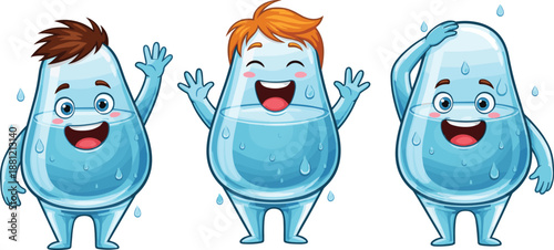 Cute cartoon water drop characters smiling and waving, playful hydration mascots, happy liquid illustration, clean water concept, kids friendly design