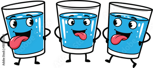 Funny cartoon water glass characters posing together, playful hydration mascots, smiling drink illustration, clean water concept, kids friendly design