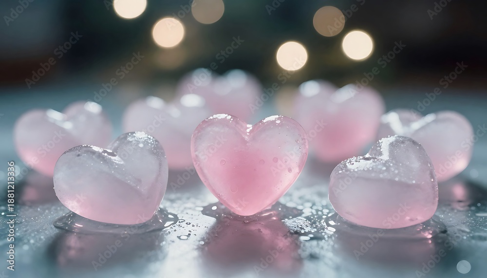 Fototapeta premium Pink heart-shaped ice cubes gently melting on a cool surface, reflecting soft bokeh lights.
