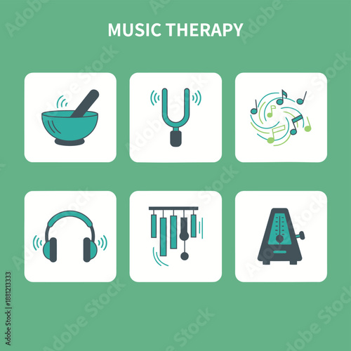 Music therapy and sound healing tools set featuring singing bowl tuning fork musical notes headphones wind chimes and metronome for wellness and relaxation