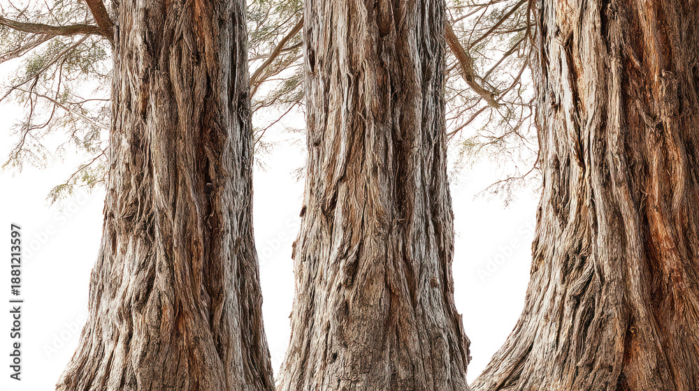 Fototapeta premium Three distinct redwood trees massive trunks shaggy bark winter on transparent background
